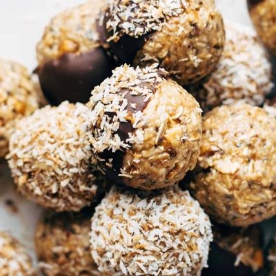 Peanut Butter Pretzel Energy Bites on parchment paper.