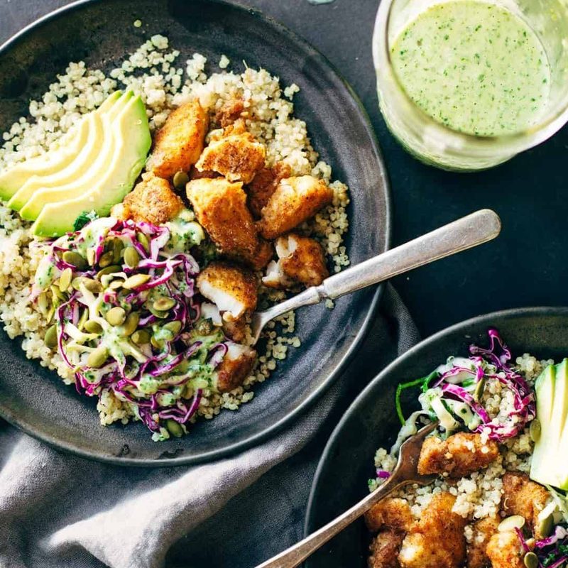 A picture of Spicy Fish Taco Bowls with Cilantro Lime Slaw