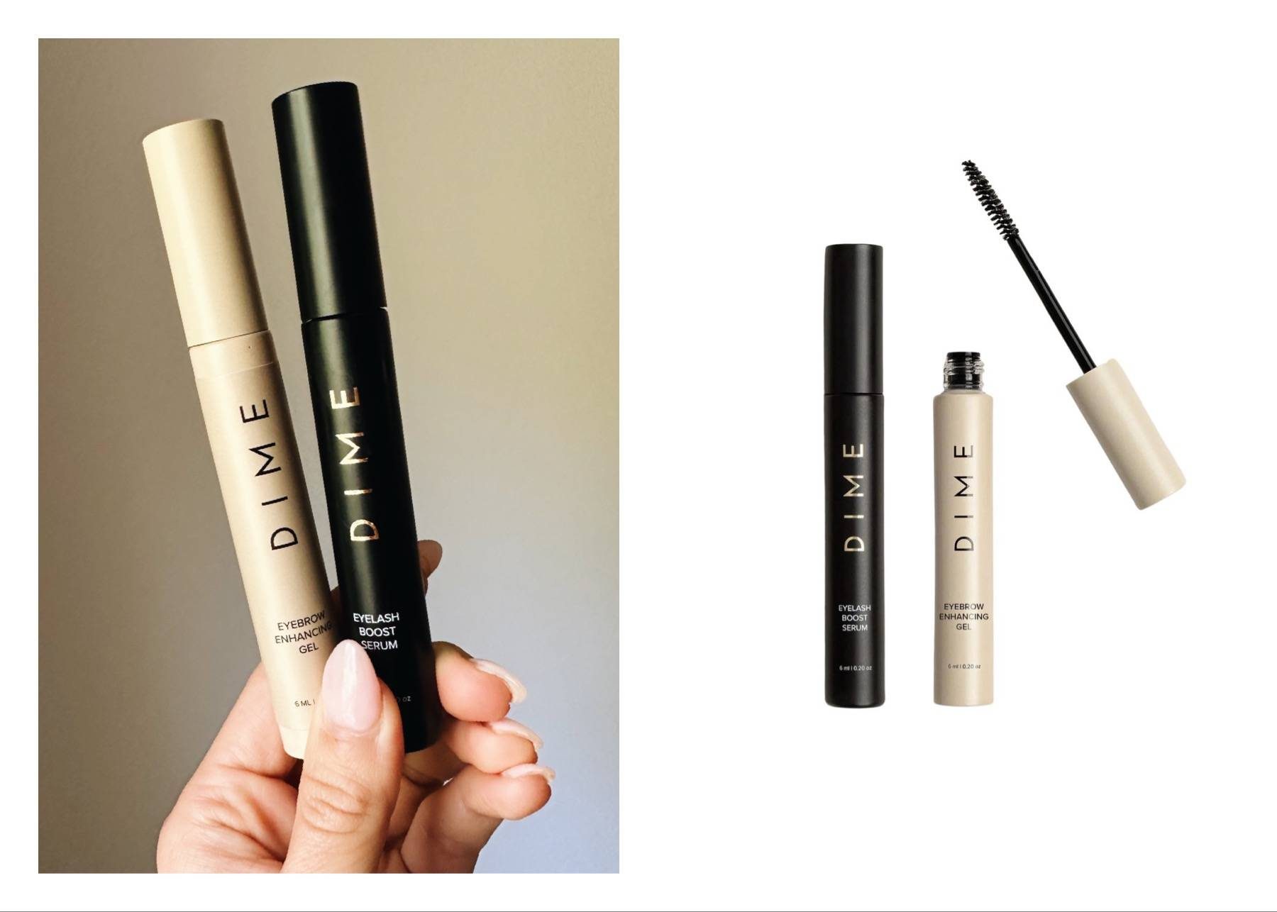 White hand holding up beauty products next to a stock photo of eyelash serum and eyebrow gel.