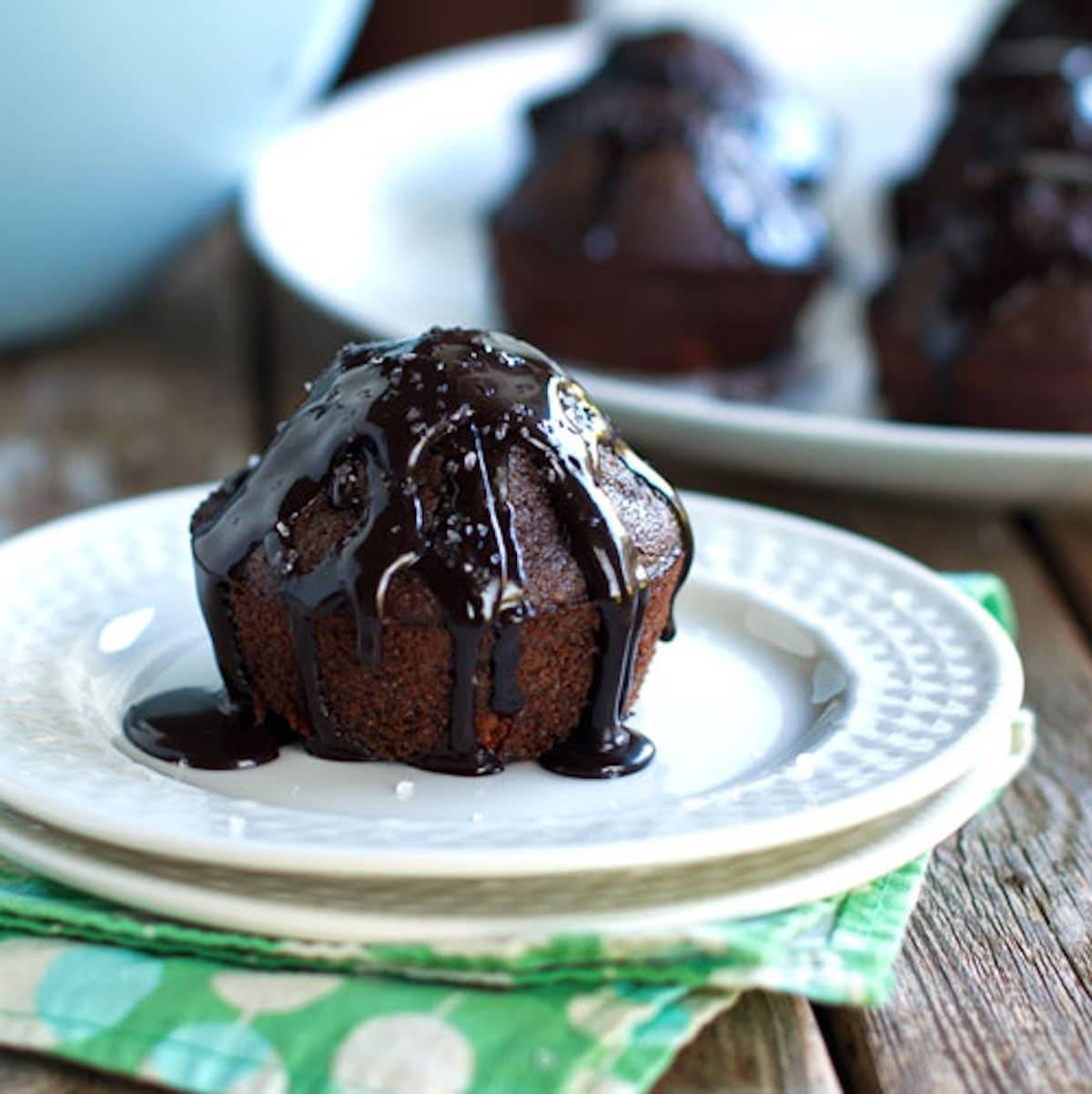 Salted double chocolate muffin on a plate.